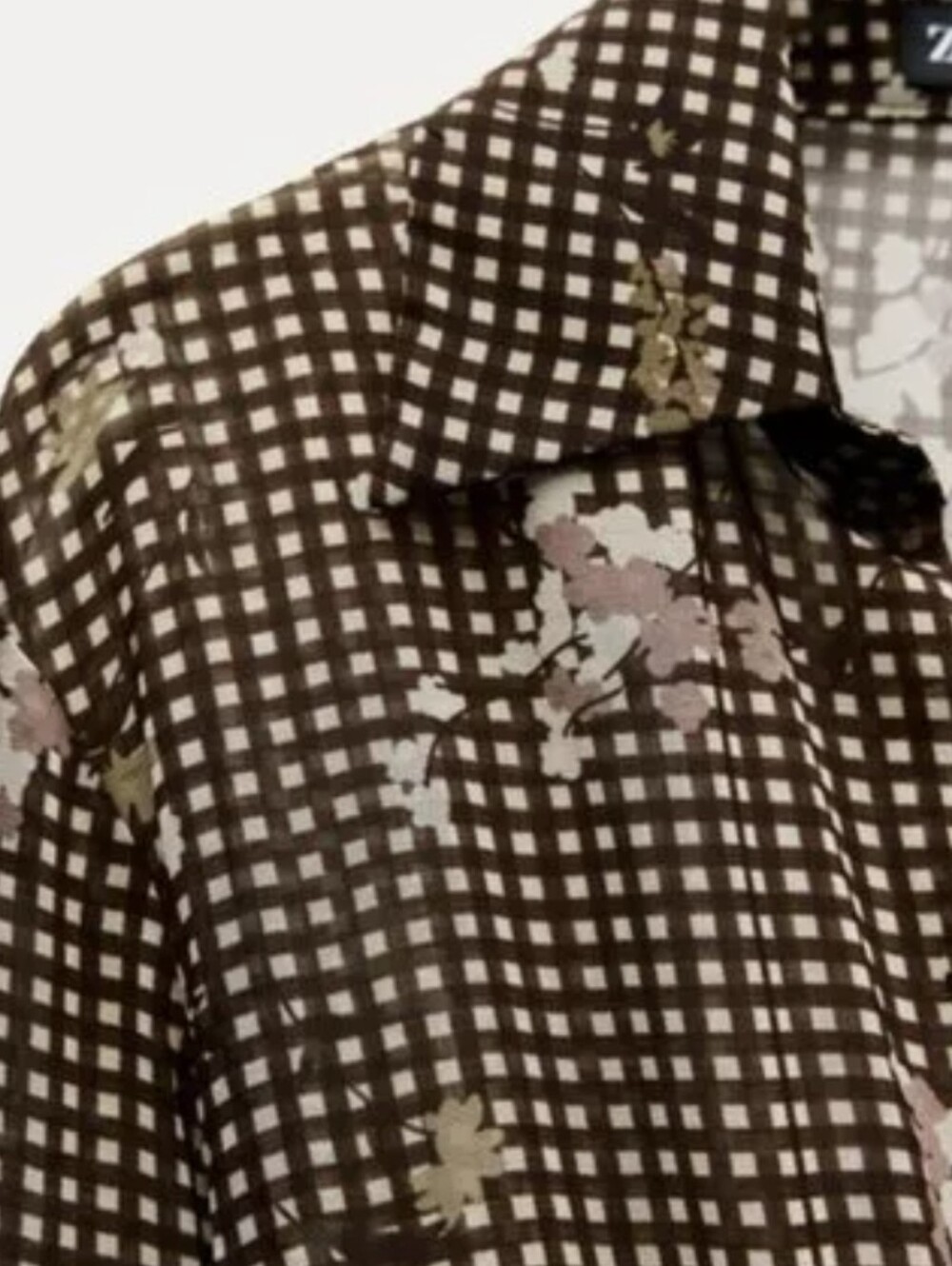 ZARA Brown Floral Gingham Long-Sleeve V-NECK A-Line Dress - Picture 9 of 16